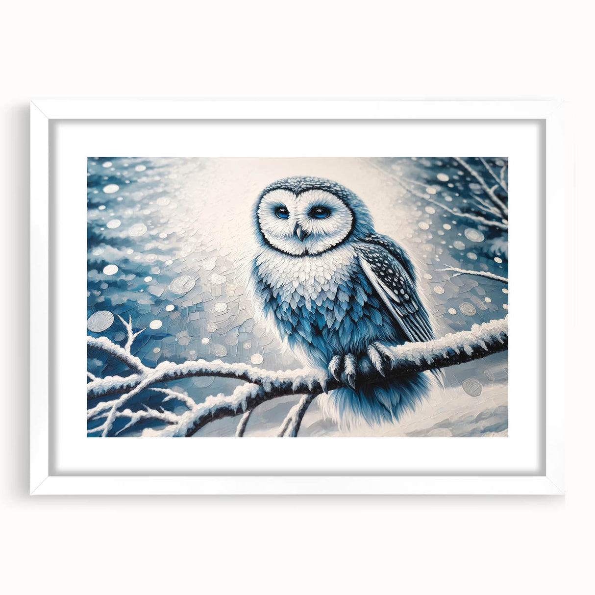 Owl-themed wall art collection framed in white, showcasing intricate bird designs with a mat finish, perfect for enhancing home decor. Ideal for nature lovers.
