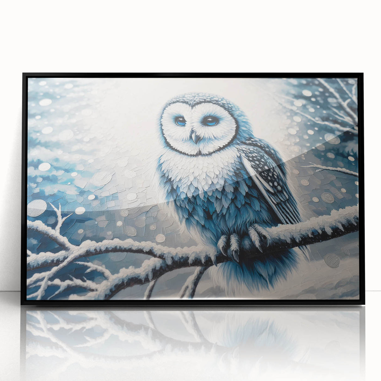 Framed wall art featuring a stunning owl design in vibrant colors, set against a sleek black frame, perfect for enhancing home decor with a touch of nature-inspired elegance.