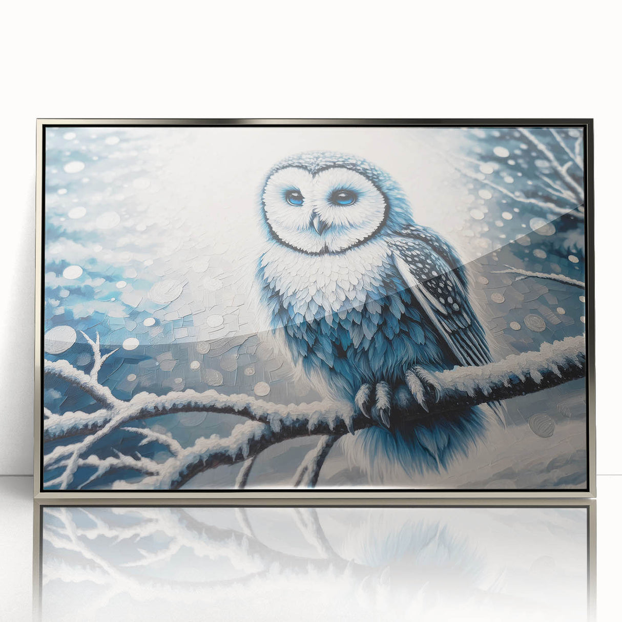 Framed wall art featuring a detailed owl design with silver accents, displayed on an acrylic surface. Ideal for nature-themed decor in living spaces or offices.