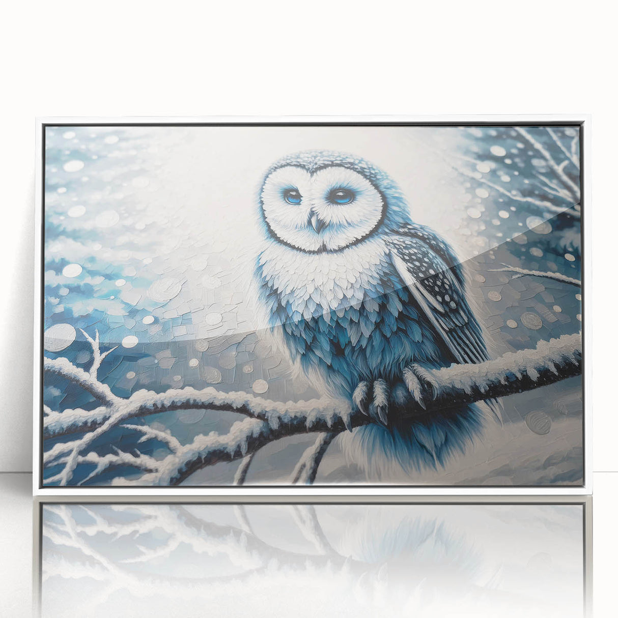 Framed wall art featuring a whimsical owl design in vibrant colors, showcased in a sleek white frame, perfect for adding a playful touch to home decor.