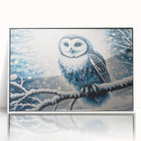 Framed wall art featuring a whimsical owl design in vibrant colors, showcased in a sleek white frame, perfect for adding a playful touch to home decor.