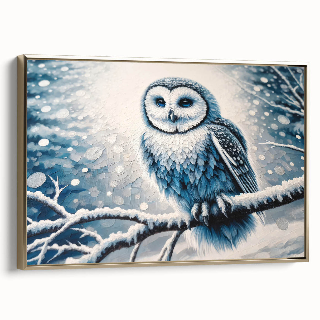 Framed canvas wall art featuring an elegant owl design with intricate detailing and a gold border, ideal for adding charm to any home decor space.