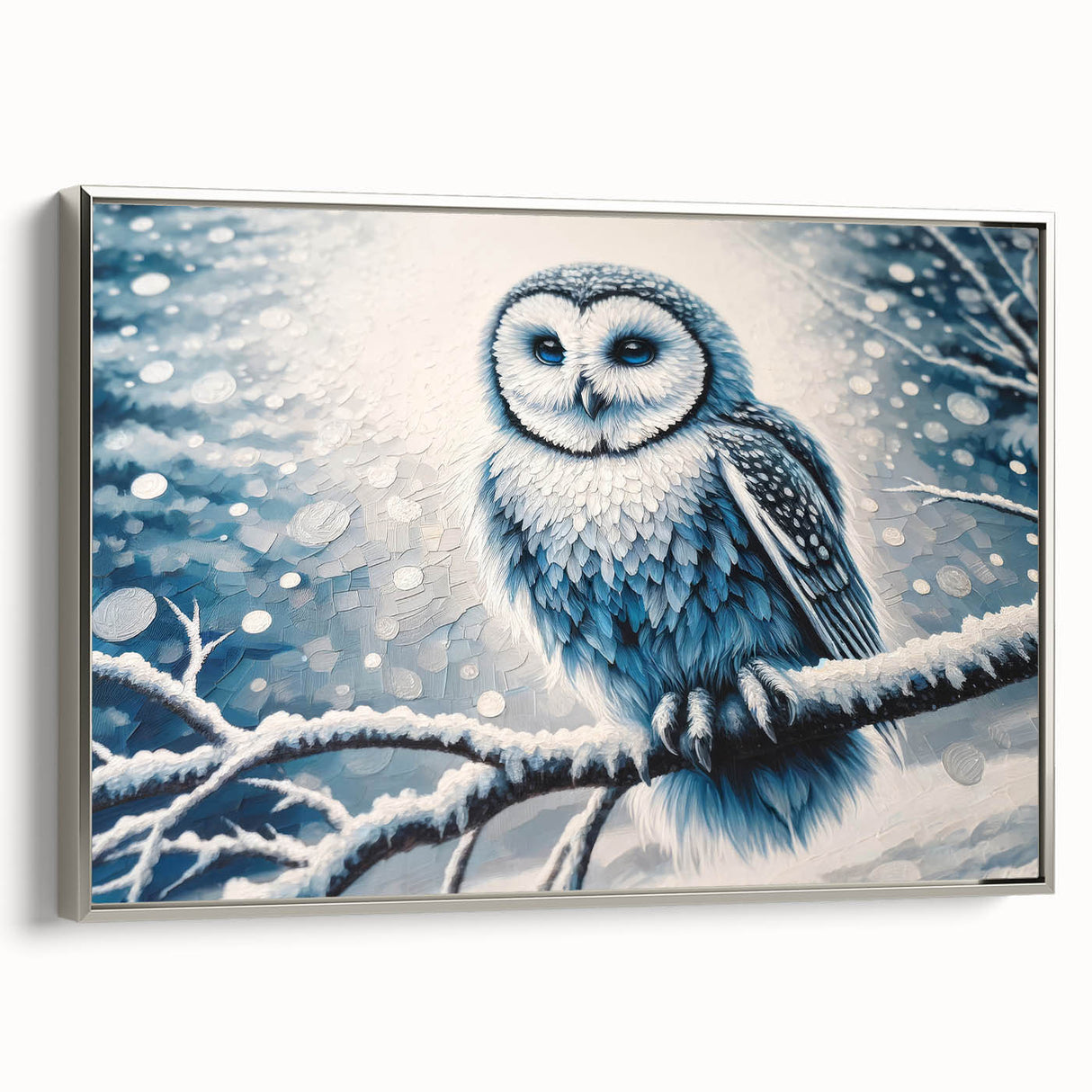 Framed wall art collection showcasing a detailed owl design on textured canvas with a silver frame, ideal for modern home decor and wildlife enthusiasts.