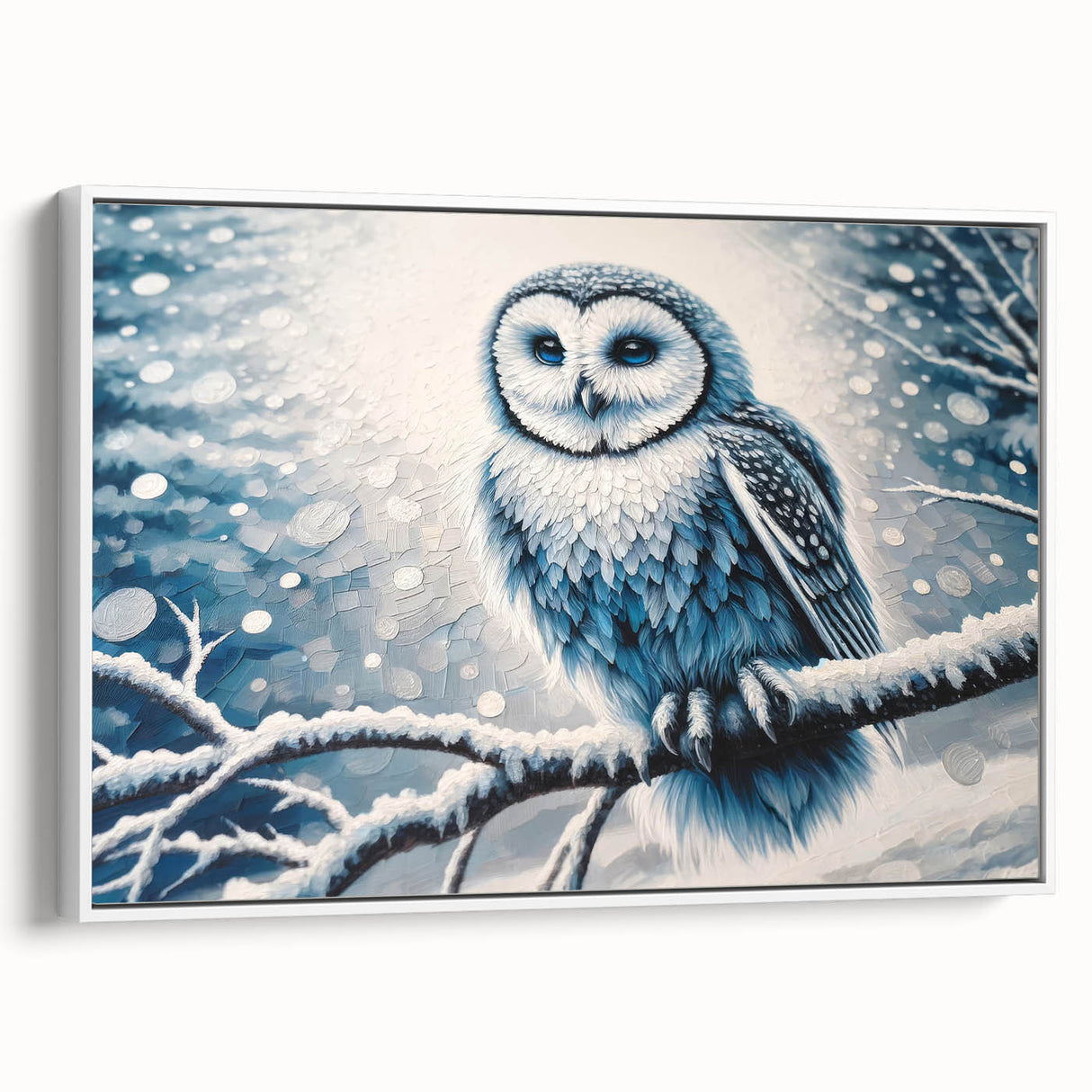 Framed wall art featuring a detailed owl design on canvas, showcasing intricate colors and textures, displayed against a sleek white background, perfect for home decor.
