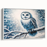 Framed wall art featuring a detailed owl design on canvas, showcasing intricate colors and textures, displayed against a sleek white background, perfect for home decor.