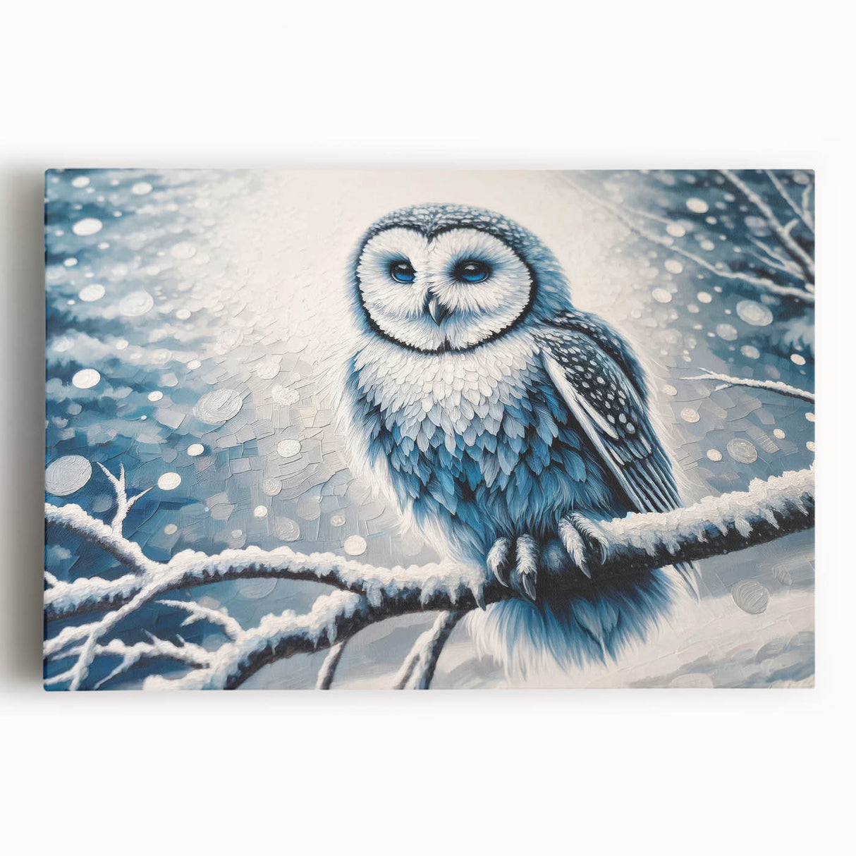 Stretched canvas wall art featuring a detailed owl design in vibrant colors, ideal for home decor. This eye-catching piece adds a whimsical touch to any room.