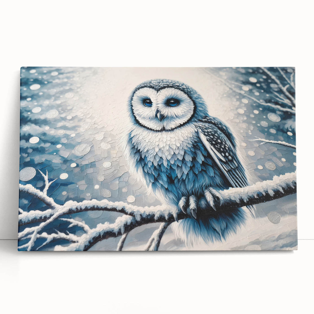 Owl-themed wall art design on stretched canvas, showcasing a colorful and intricate owl illustration, perfect for adding a whimsical touch to home decor.