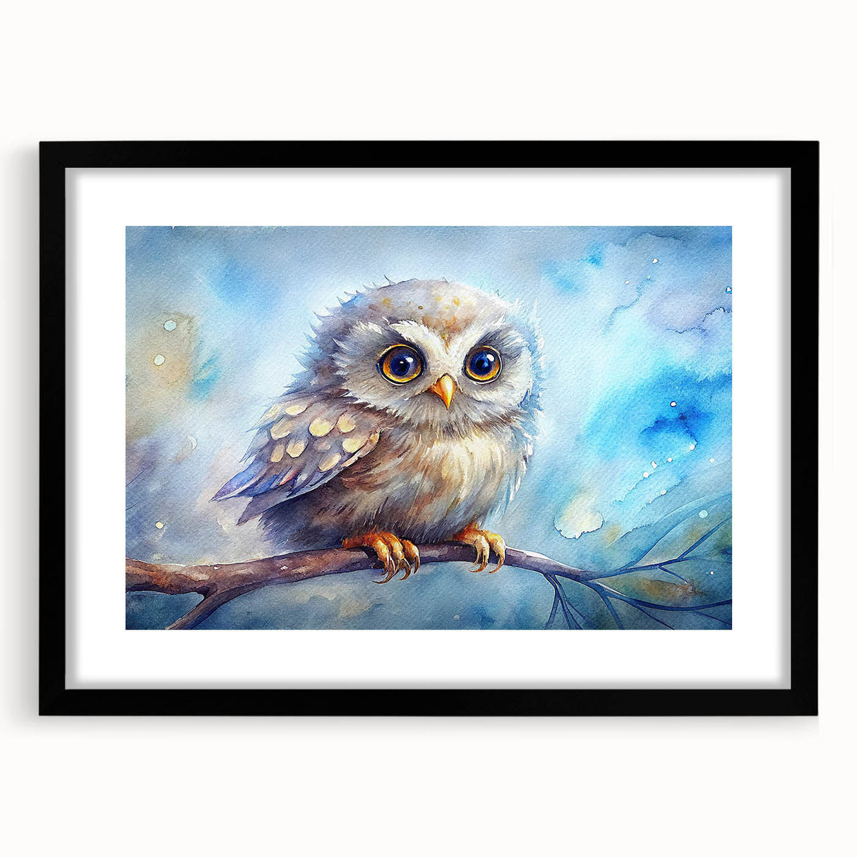Owl-themed wall art print featuring intricate designs and bold colors, framed with a black mat, perfect for adding a touch of nature-inspired decor to any space.