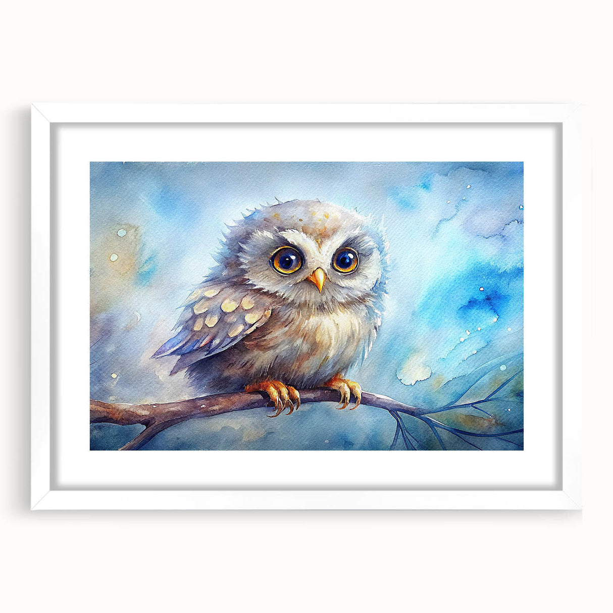 Owl-themed wall art collection featuring a white frame with a mat, showcasing intricate bird designs, perfect for home decor and nature enthusiasts.