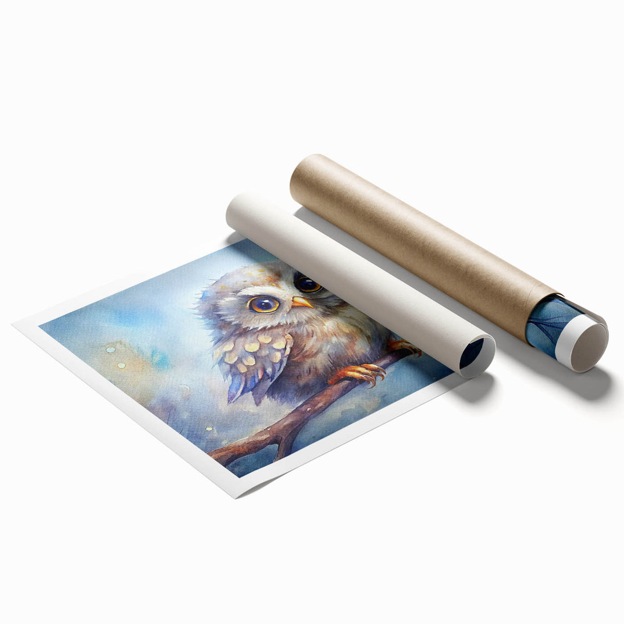 Owl-themed wall art print showcasing intricate designs in earthy tones, rolled and packaged in a protective cardboard tube for easy display or gifting.