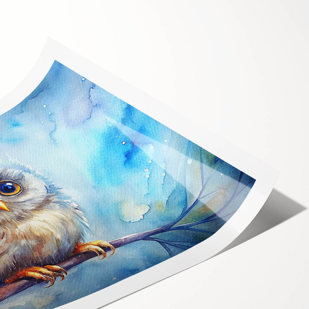 Owl-themed wall art print showcasing intricate details and vibrant colors, rolled for easy transport, perfect for enhancing home decor with a nature-inspired touch.