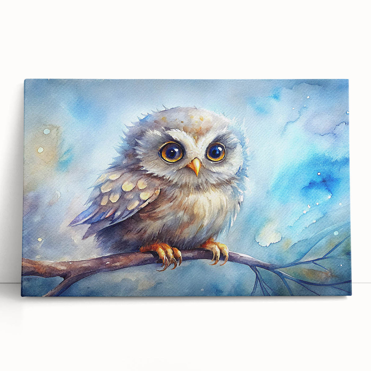 Owl-themed wall art design on stretched canvas, showcasing vibrant colors and intricate details, ideal for nature lovers and home decor enthusiasts.
