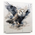 Acrylic glass wall art featuring a captivating owl design in vibrant colors, displayed with pins from a side view, ideal for adding nature-inspired decor to any space.