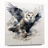 Side view of a contemporary owl design wall art collection, featuring vibrant colors and an acrylic glass finish, ideal for modern home decor.