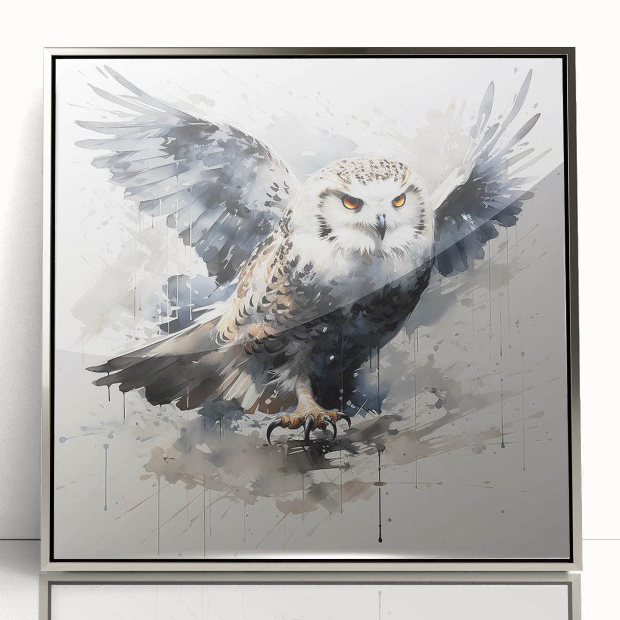 Framed wall art featuring a sleek silver-acrylic design of an owl, showcasing intricate details and modern aesthetics, ideal for home or office decor.
