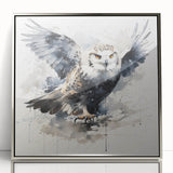 Framed wall art featuring a sleek silver-acrylic design of an owl, showcasing intricate details and modern aesthetics, ideal for home or office decor.
