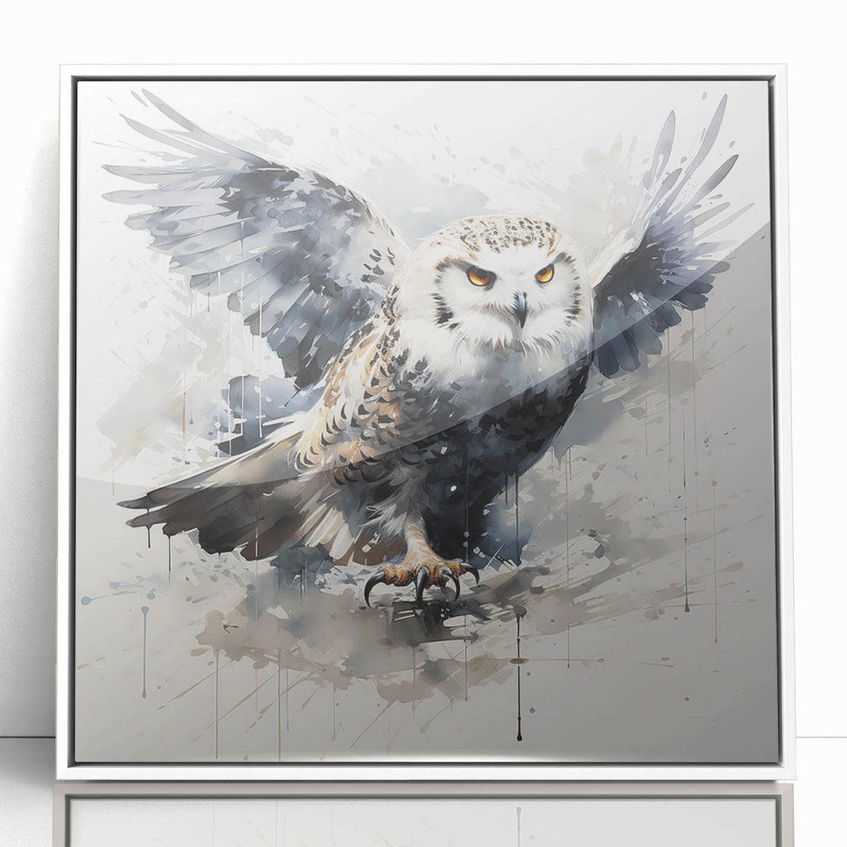 Framed acrylic wall art featuring a serene owl design with intricate details and a white border, perfect for adding a touch of elegance to any room decor.