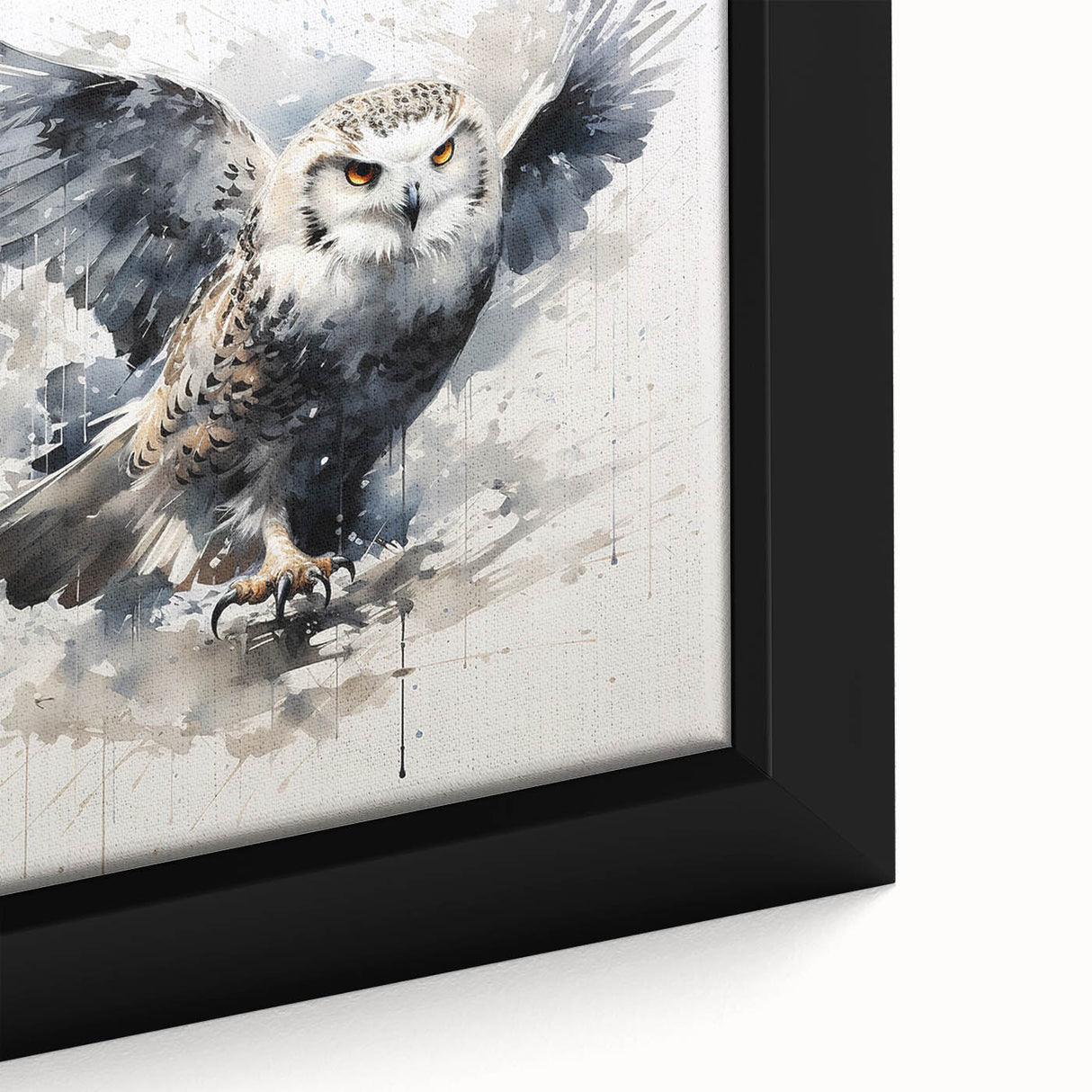 Close-up of a framed canvas artwork showcasing a detailed owl design with vibrant colors, ideal for nature-themed home decor and wall art enthusiasts. This captivating piece enhances artistic spaces with its intricate features and warm tones.