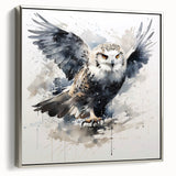 Framed wall art featuring a detailed owl design in earthy tones, showcased from a side view against a sleek silver frame, perfect for nature-themed decor.