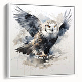 Framed canvas wall art showcasing a stylized owl design in vibrant colors, displayed from a side view against a white background, ideal for enhancing modern home decor.