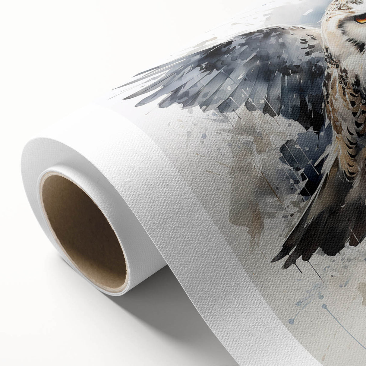 Rolled canvas showcasing a vibrant owl design in rich colors, perfect for adding a whimsical touch to home decor; securely packaged in a durable cardboard tube.