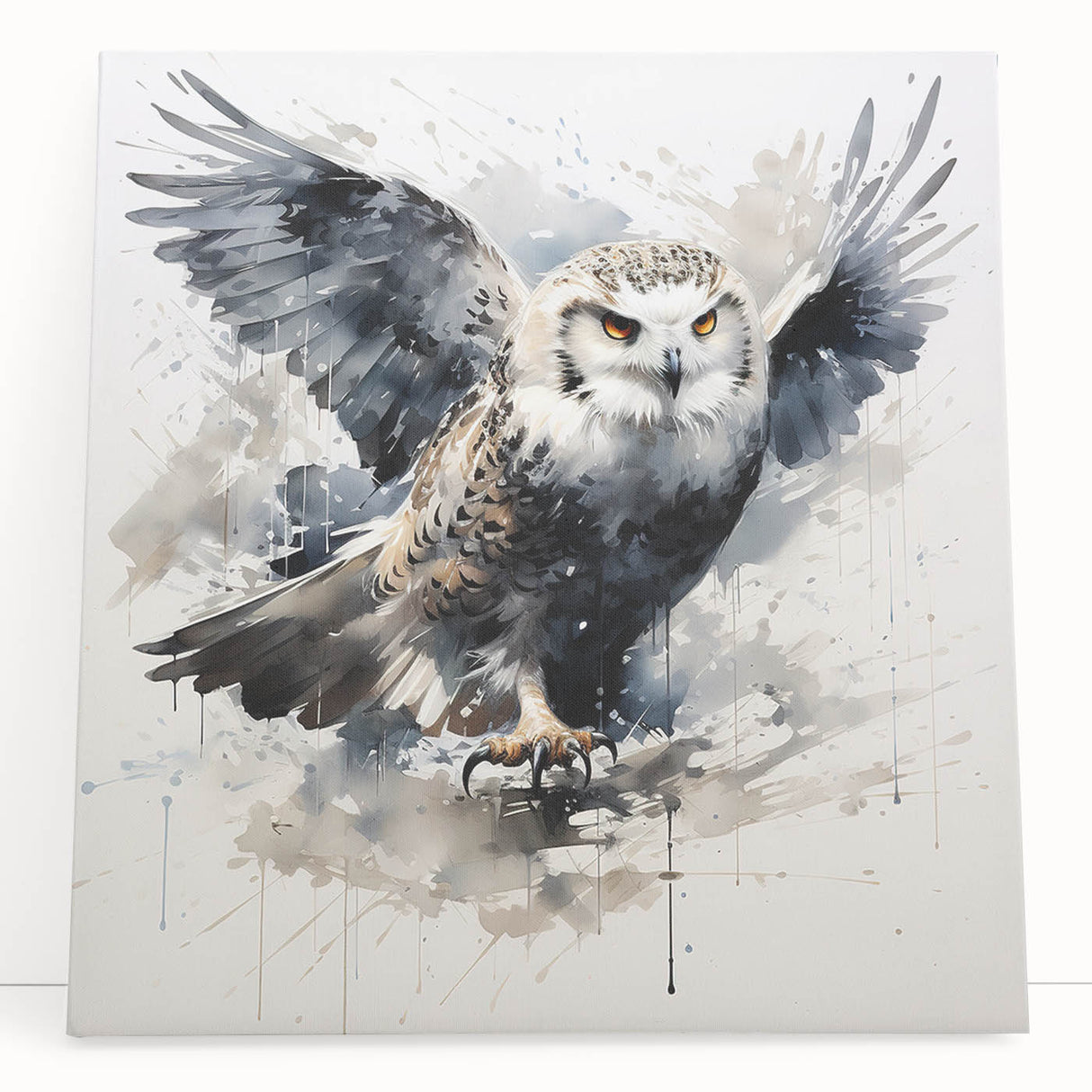 Stretched canvas wall art featuring an elegant owl design in soft earth tones, leaning against a neutral backdrop, perfect for home decor enthusiasts.