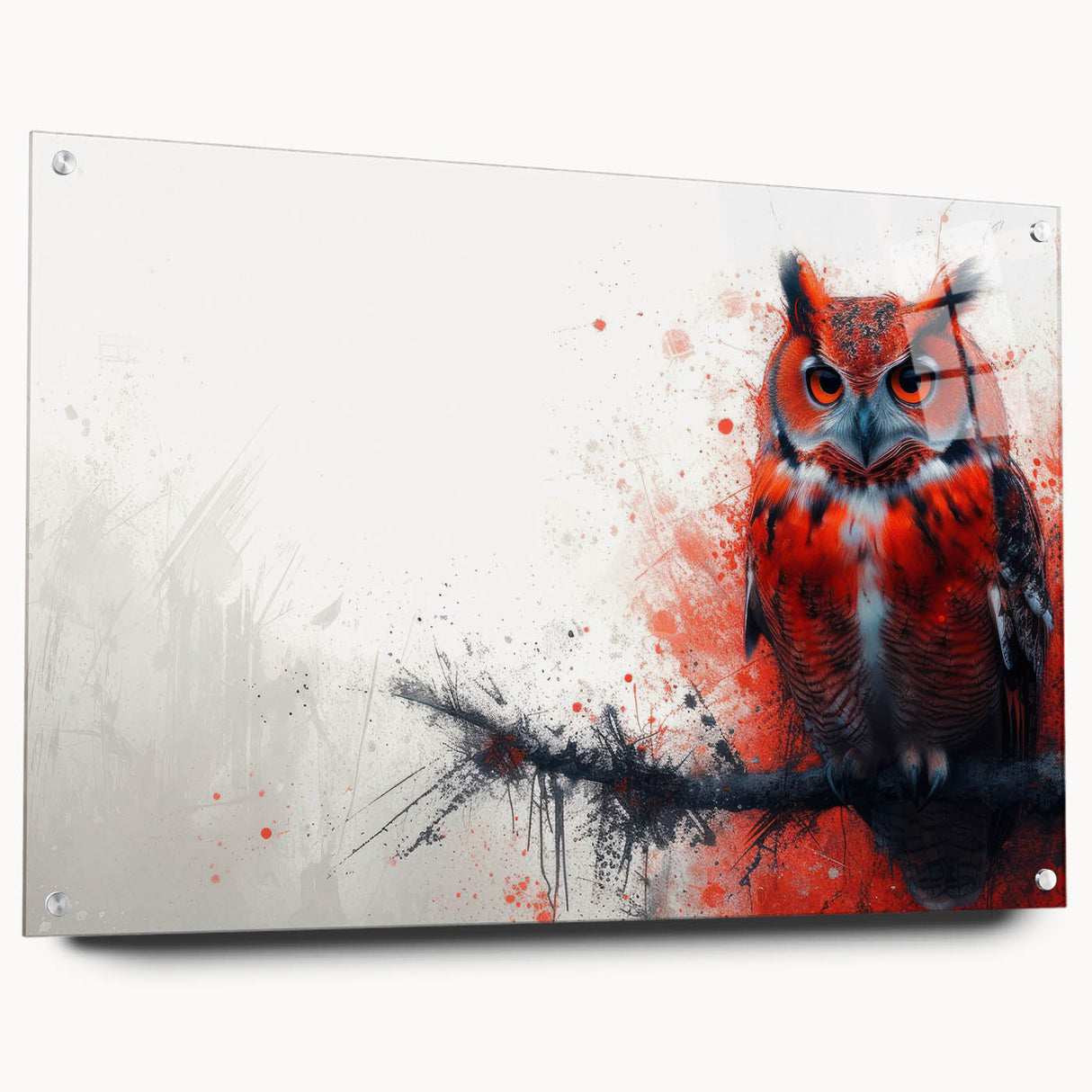 Wall art collection featuring a side view of an acrylic glass design depicting colorful owls, elegantly mounted with pins, perfect for nature-inspired decor.