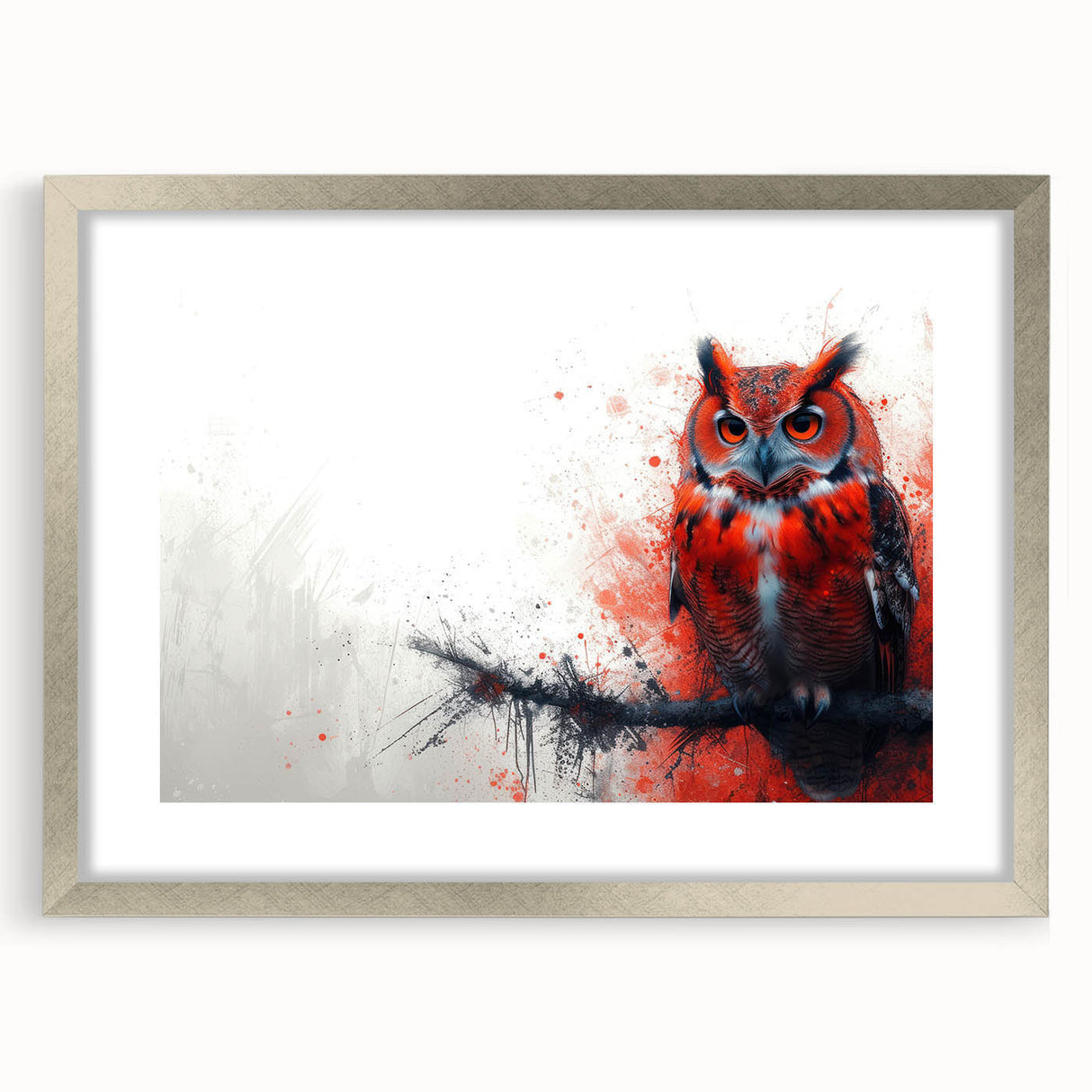 Framed wall art showcasing a detailed owl design in silver with a mat, perfect for adding a modern touch to home decor. Ideal for nature and animal lovers.