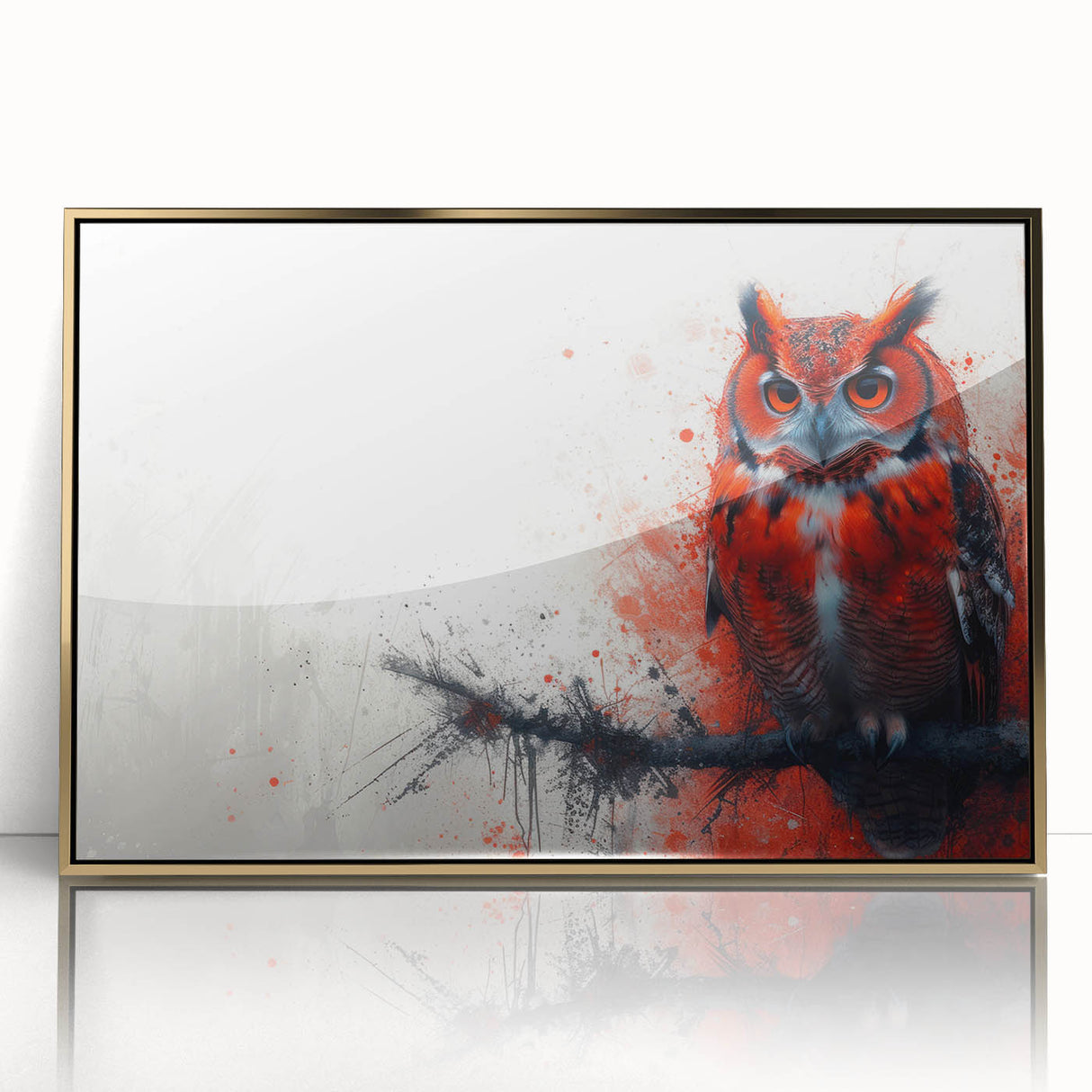 Framed wall art collection featuring an elegant owl design with gold accents, displayed in a modern acrylic frame, perfect for enhancing home decor and nature themes.