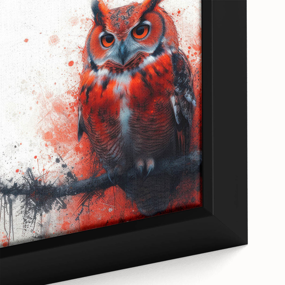 Close-up of a framed canvas wall art featuring a beautifully detailed owl design, showcasing vibrant colors and intricate patterns, perfect for nature lovers.