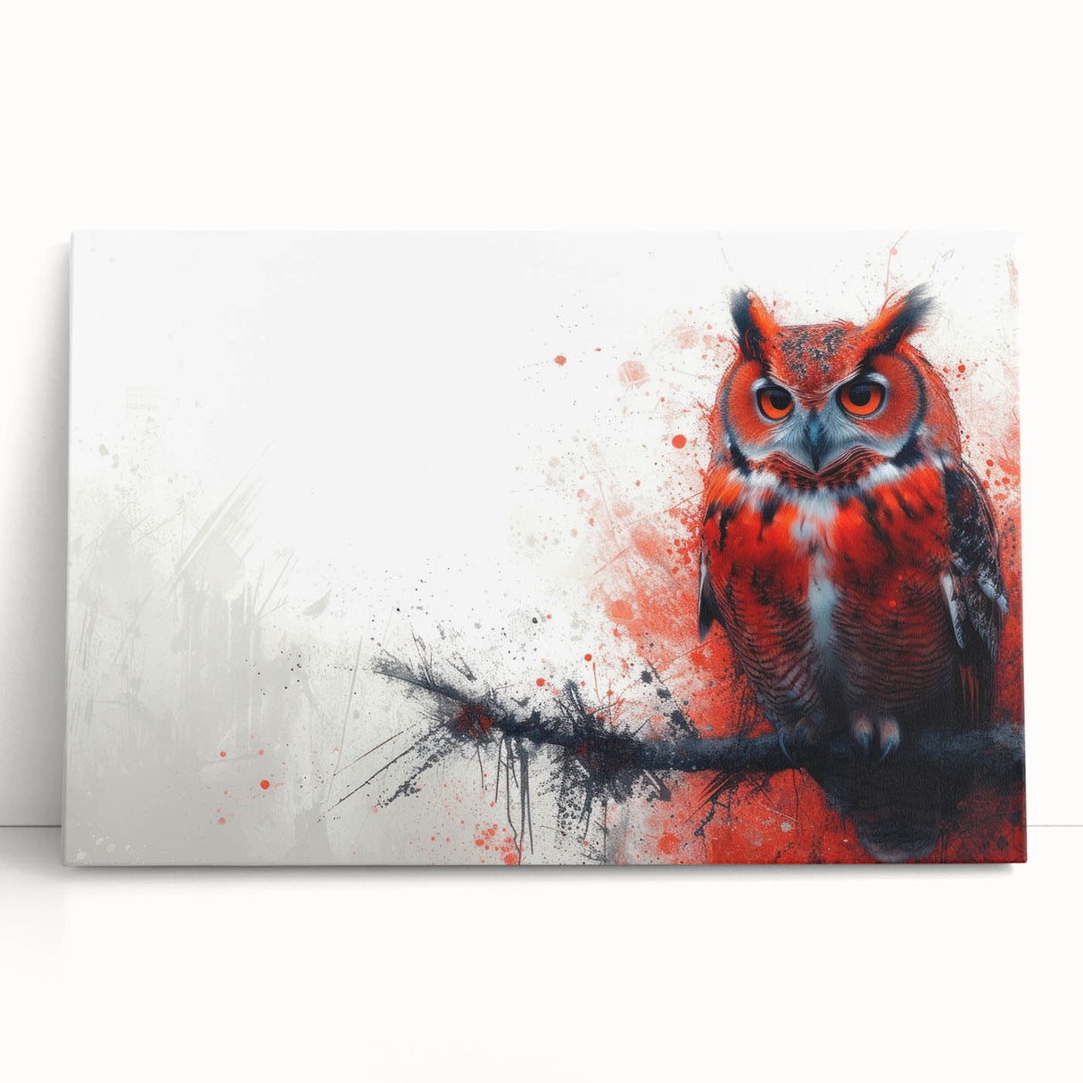 Stretched canvas wall art featuring a whimsical owl design in vibrant colors, perfect for children's rooms or nature-themed decor, leaning against a neutral background.