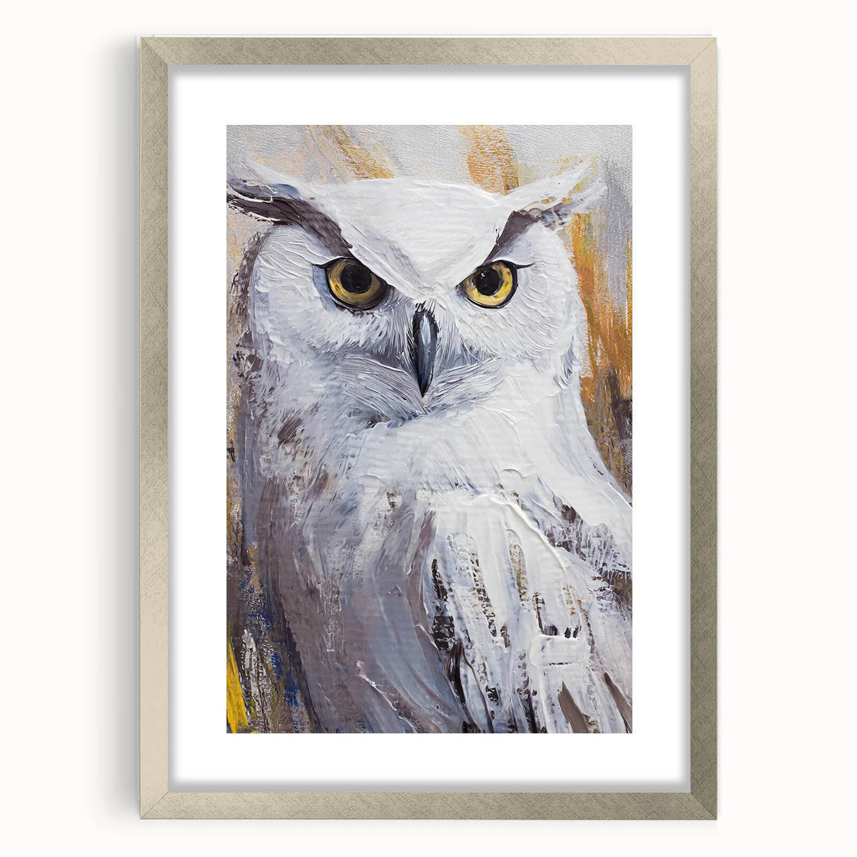 Elegant silver-framed wall art featuring a whimsical owl design surrounded by colorful birds, perfect for home decor or children's room. Ideal for nature lovers.