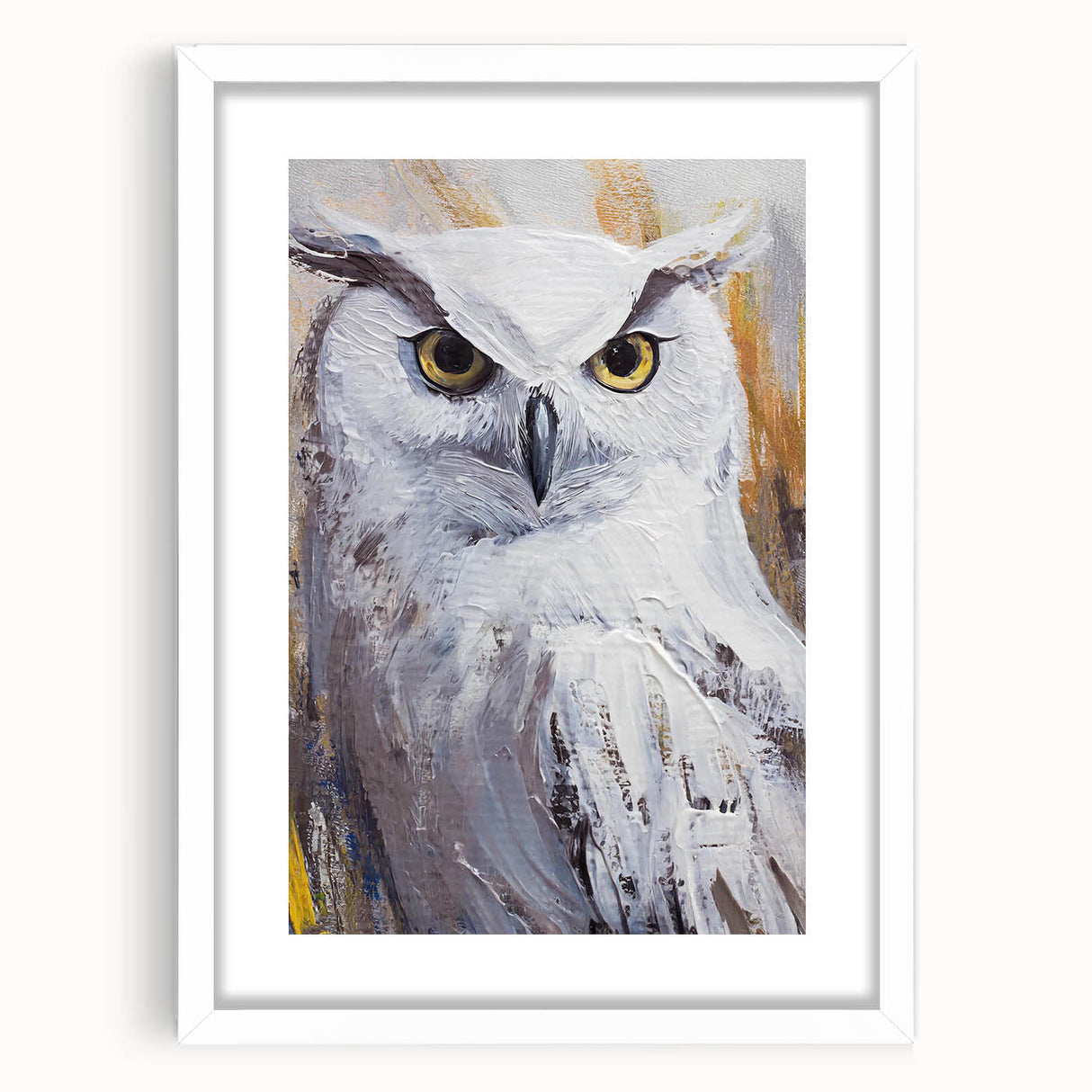 Framed wall art featuring an elegant owl design in soft colors, set against a white mat background, ideal for enhancing home decor and adding a nature-inspired touch.