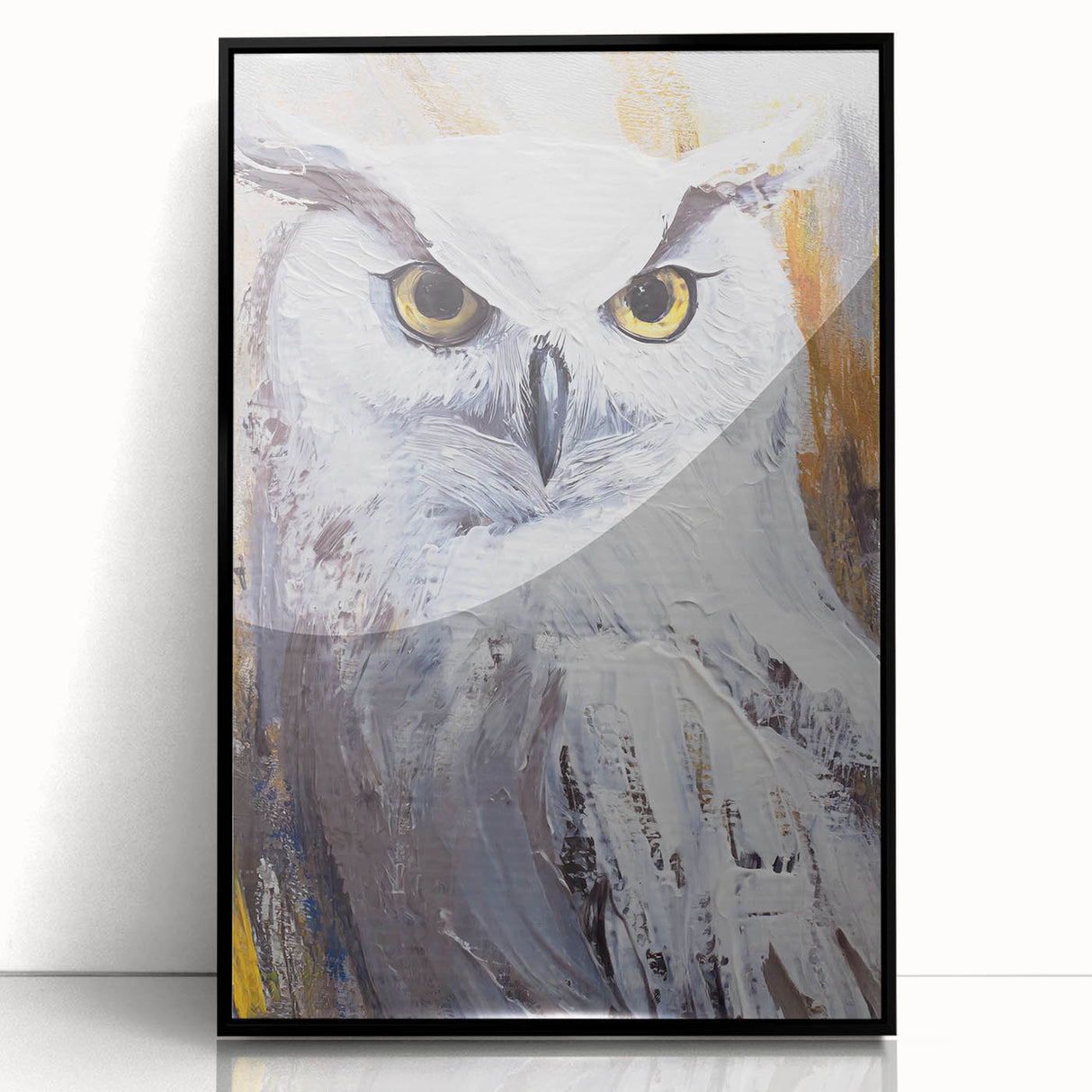 Framed wall art collection showcasing a striking owl design with vibrant colors on a sleek black background, perfect for modern home decor enthusiasts.
