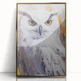 Framed wall art featuring a stunning owl design with intricate details, set in a gold-accented frame, perfect for home decor and nature enthusiasts.
