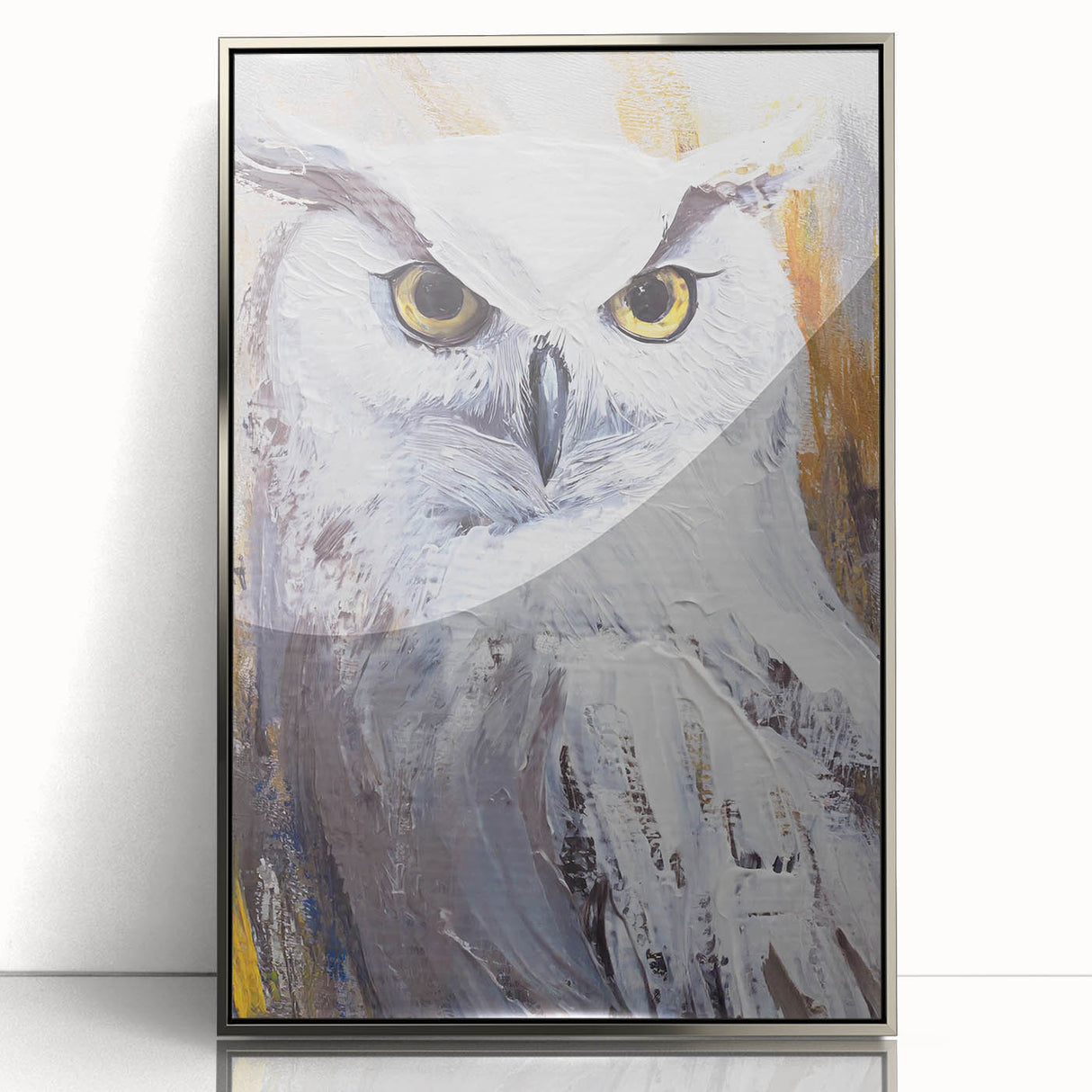 Framed wall art collection featuring a striking owl design with a silver acrylic finish, ideal for modern decor and wildlife enthusiasts. Perfect for adding a touch of elegance and nature to any room.
