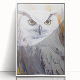 Framed wall art featuring a captivating owl design in vibrant colors, presented in a sleek white frame. Ideal for nature lovers and modern decor enthusiasts.