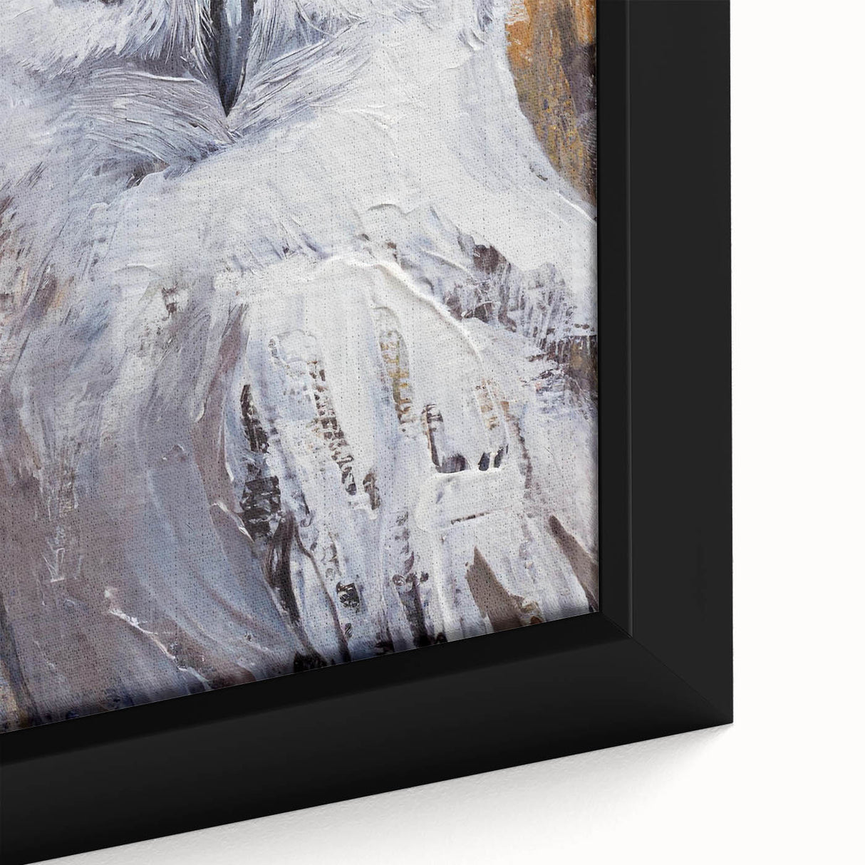 Close-up of a framed canvas featuring a vibrant owl design, showcasing intricate details and rich colors, perfect for modern home decor or wildlife art enthusiasts.