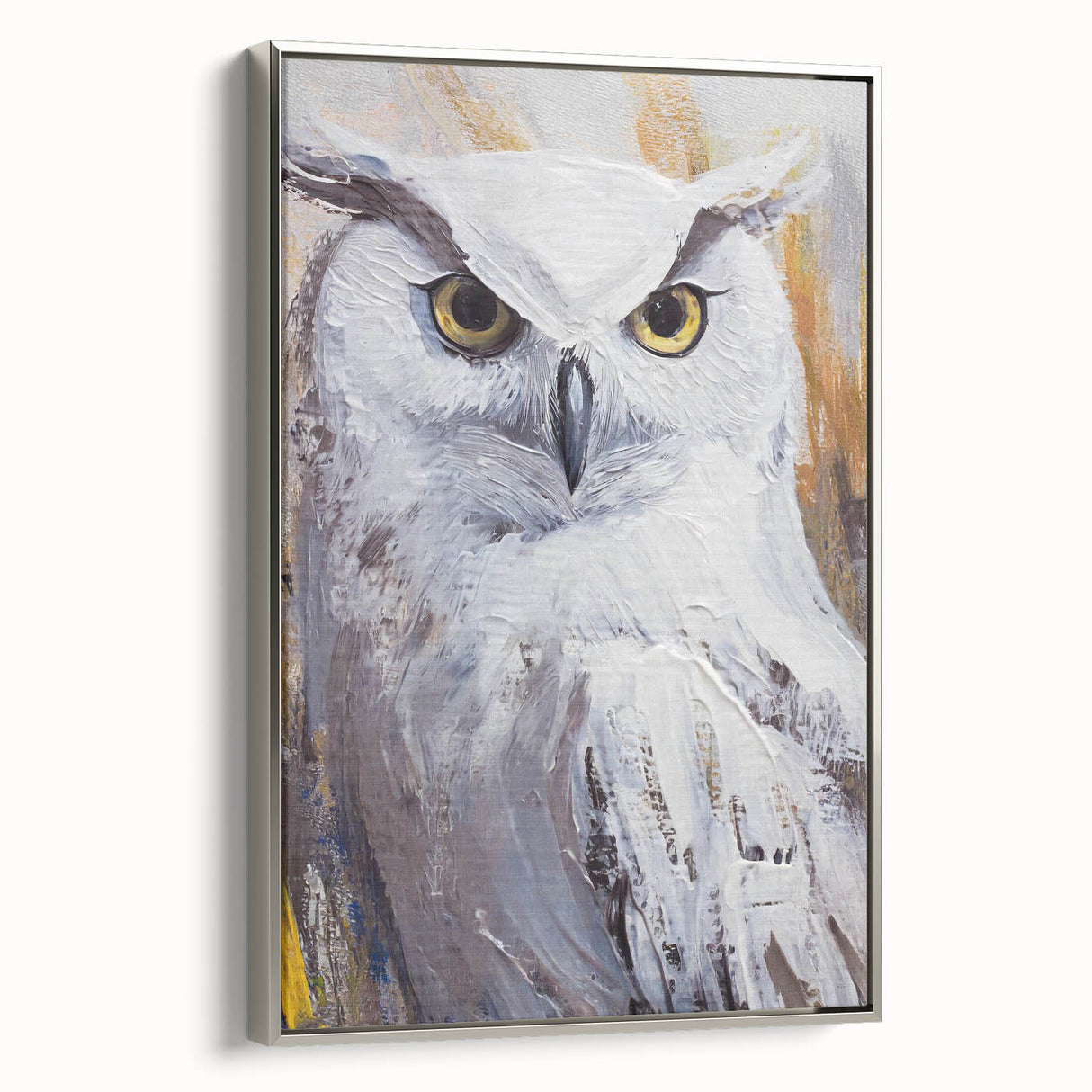 Framed canvas wall art featuring a silver owl design in a contemporary style, showcasing intricate details and vibrant colors, perfect for modern home decor.