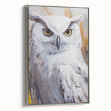 Framed canvas wall art featuring a silver owl design in a contemporary style, showcasing intricate details and vibrant colors, perfect for modern home decor.