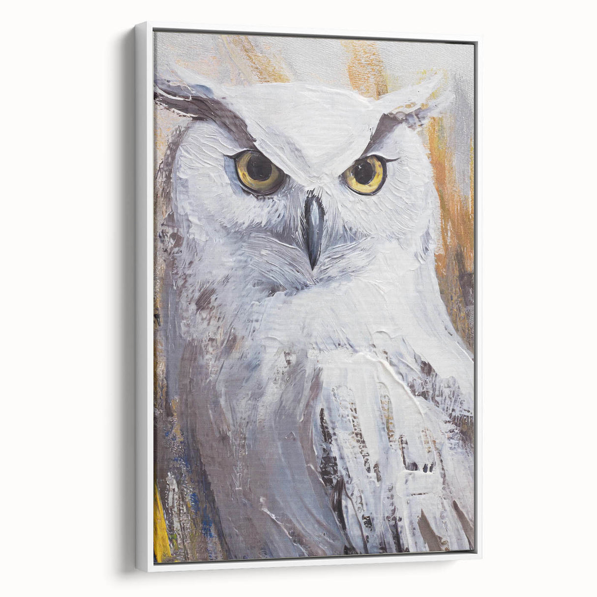 Framed canvas wall art featuring a detailed owl design with vibrant colors, set against a white background, showcasing a side view of the artwork for a modern decor aesthetic. Perfect for nature lovers and contemporary interior design.