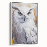 Framed canvas wall art featuring a detailed owl design with vibrant colors, set against a white background, showcasing a side view of the artwork for a modern decor aesthetic. Perfect for nature lovers and contemporary interior design.