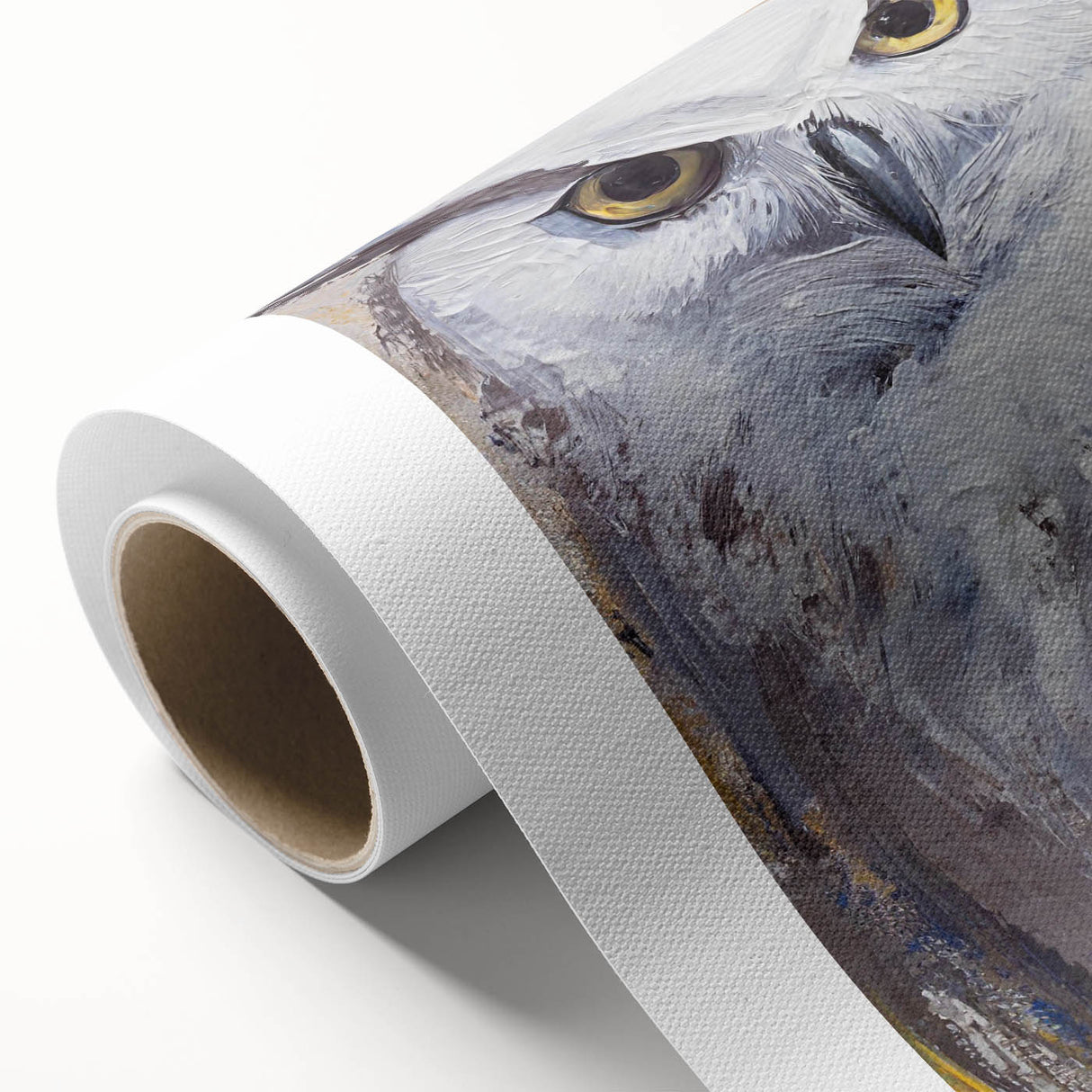 Rolled canvas artwork showcasing a stunning owl design in vibrant colors, ideal for home decor, packaged securely in a cardboard tube for safe delivery.