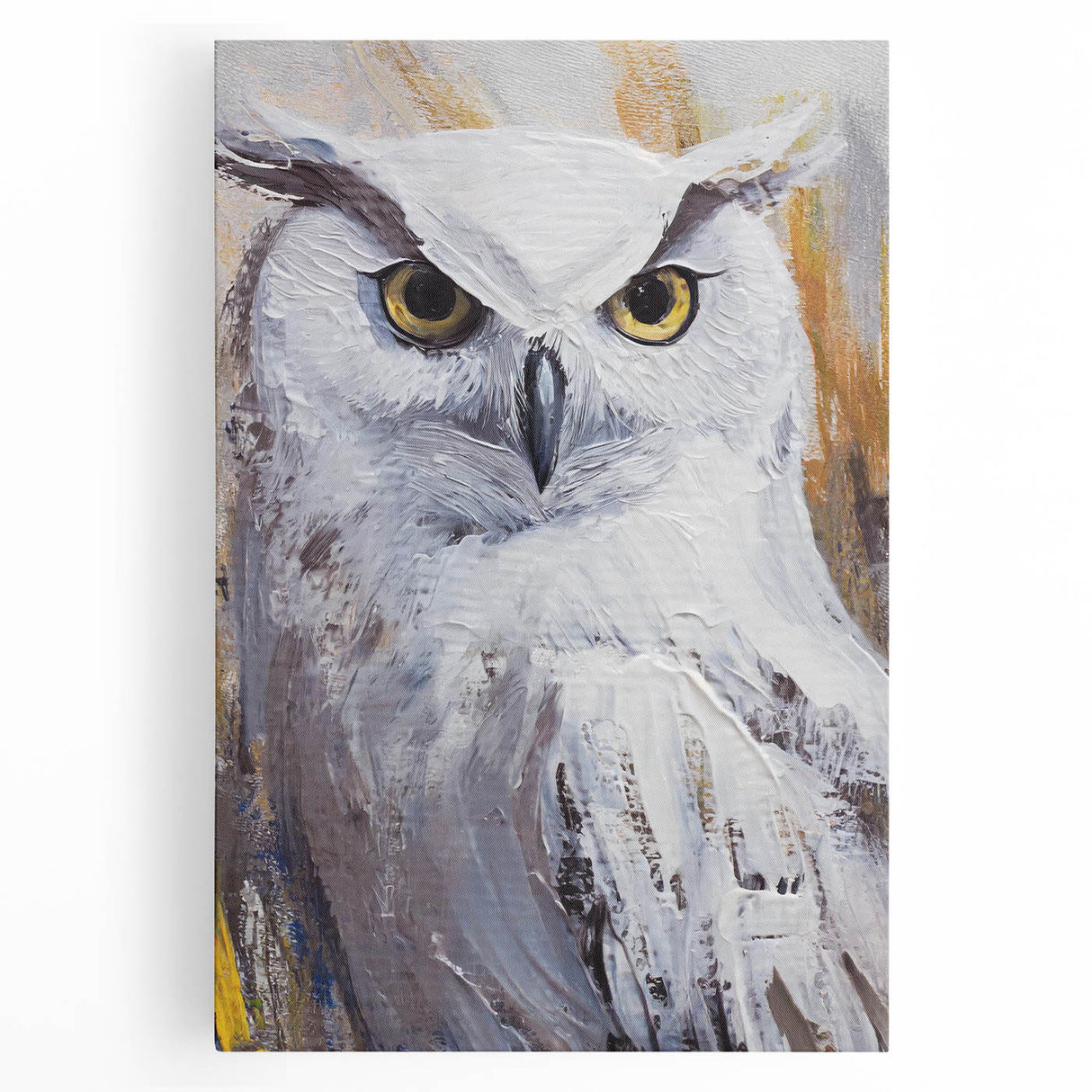 Stretched canvas wall art featuring a detailed owl design with vibrant colors and intricate patterns, ideal for modern home decor or wildlife enthusiasts.