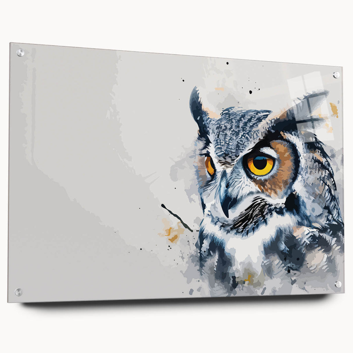 Acrylic glass wall art featuring a beautiful owl design, elegantly displayed in a side view with decorative pins for mounting, perfect for nature-inspired decor.