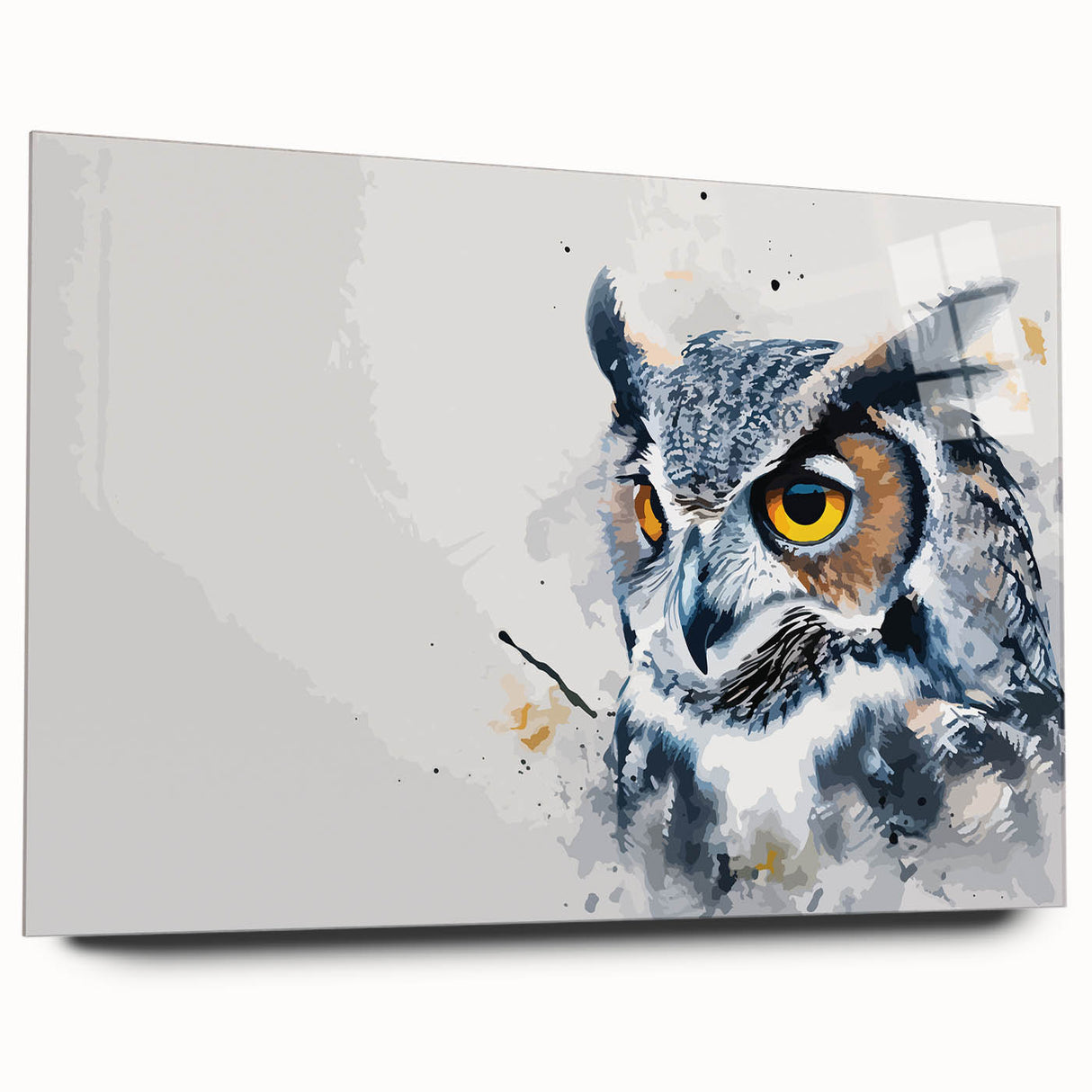 A side view of an acrylic wall art piece featuring a whimsical owl design, showcasing vibrant colors and intricate details, perfect for enhancing modern home decor.