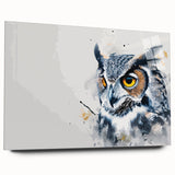 A side view of an acrylic wall art piece featuring a whimsical owl design, showcasing vibrant colors and intricate details, perfect for enhancing modern home decor.