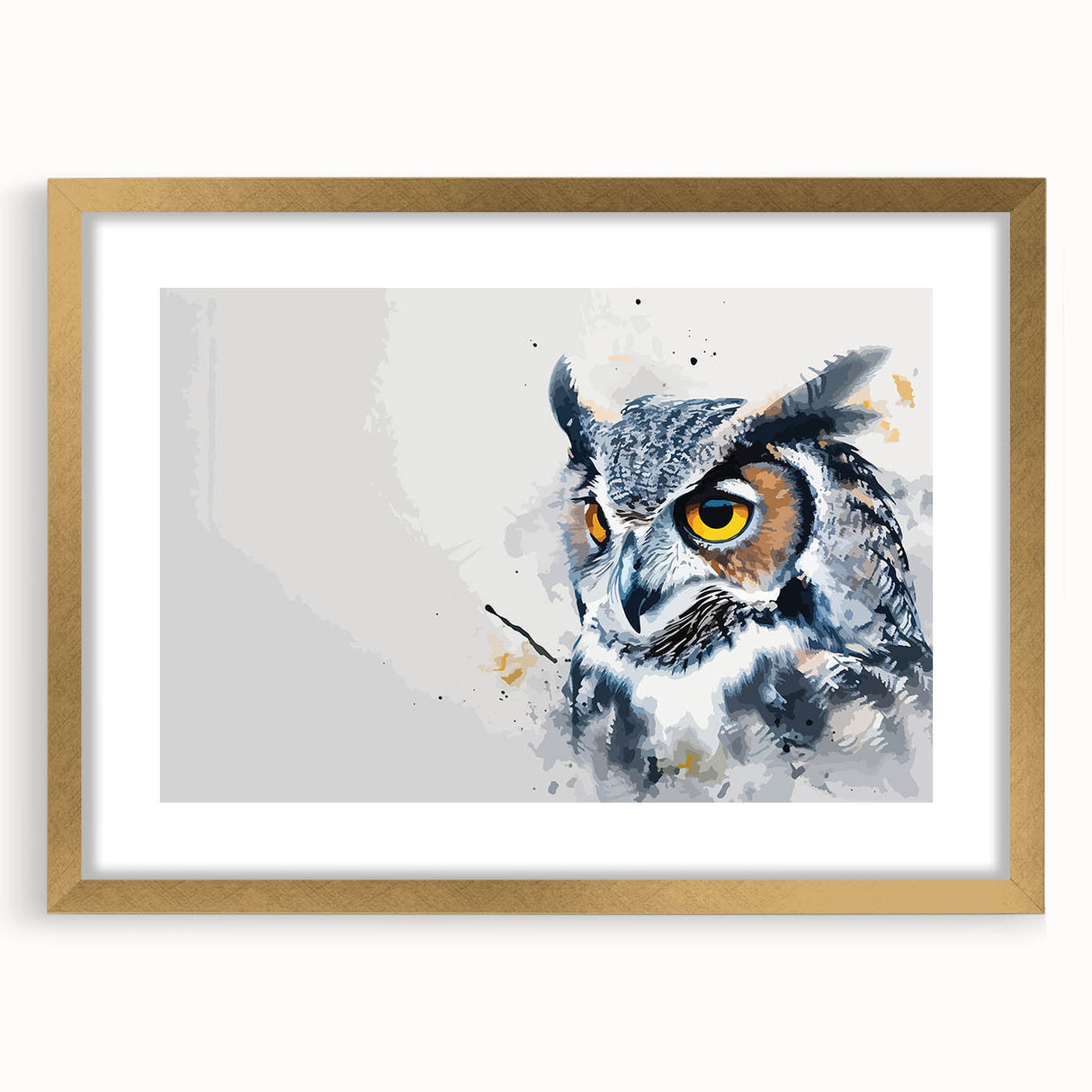 Elegant gold-framed wall art featuring an owl design, showcasing intricate details and vibrant colors, perfect for enhancing home decor in living spaces or offices.
