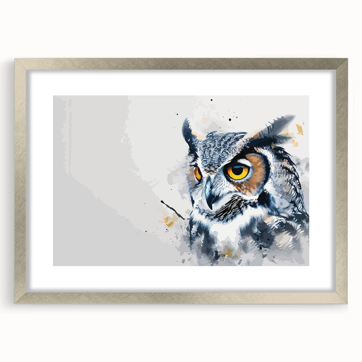 Silver-framed wall art featuring a detailed owl design, elegantly matted, ideal for home decor. Perfect for nature lovers seeking unique wildlife art.
