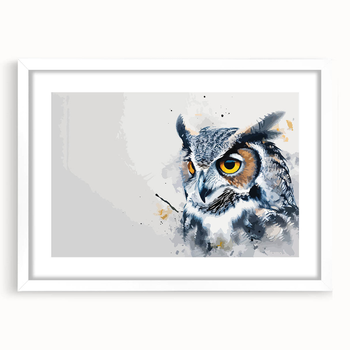 Framed wall art featuring an intricate owl design with vibrant colors, set in a white mat, perfect for nature lovers and home decor enthusiasts. Ideal for adding a whimsical touch to any room.